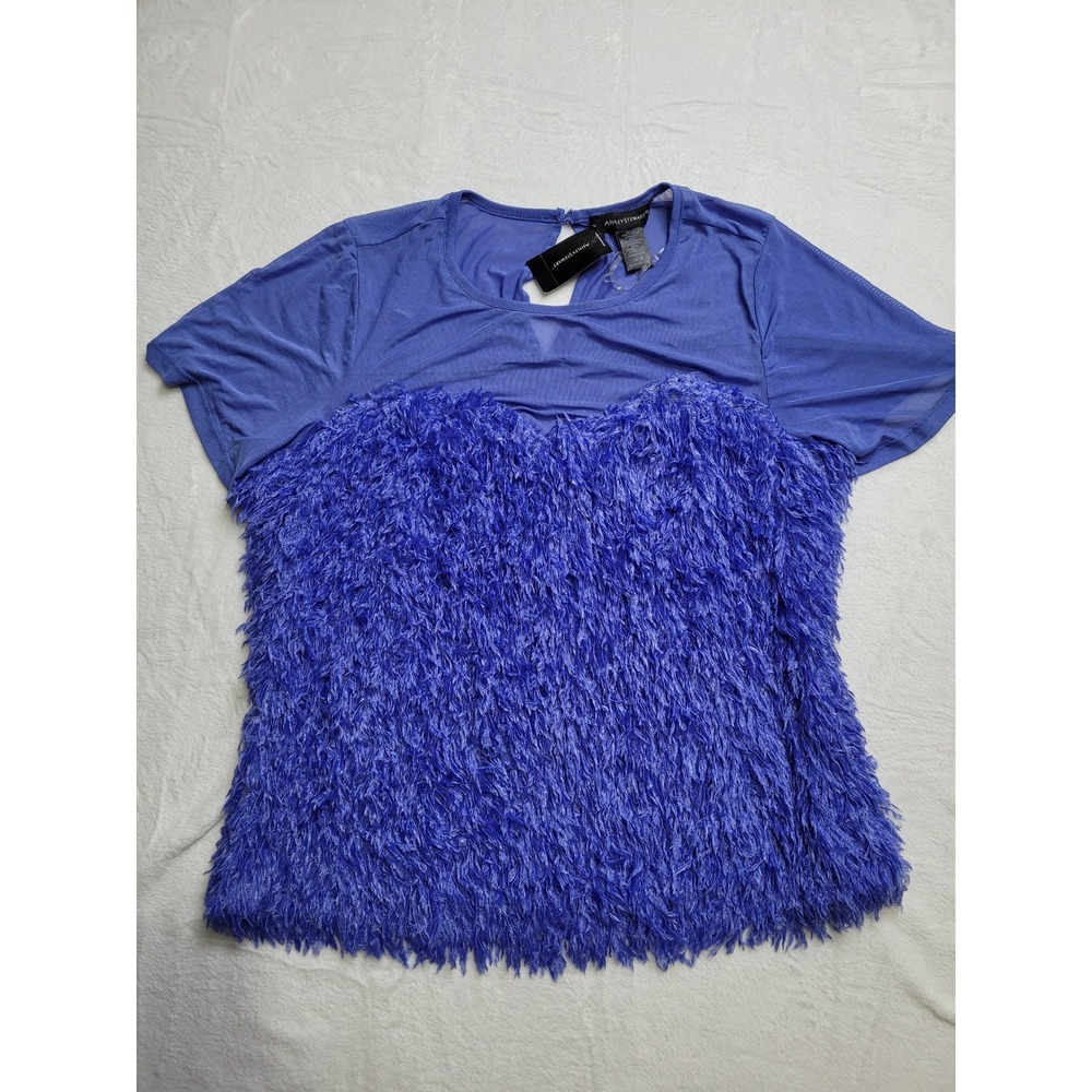NWT Ashley Stewart Top Women 14/16 Purple Faux Feather Mesh Keyhole Very Peri